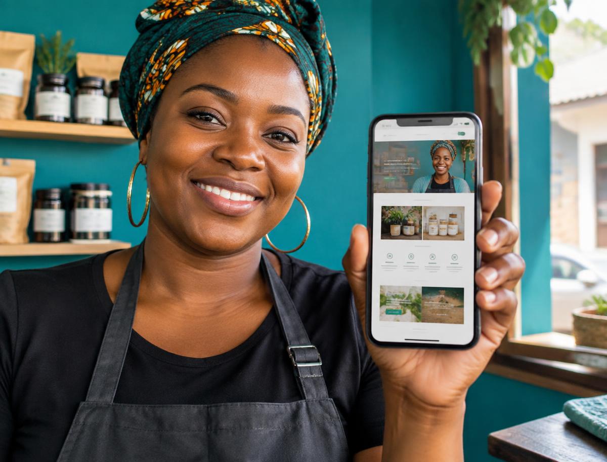 Business owner reviewing a custom website mockup on a phone